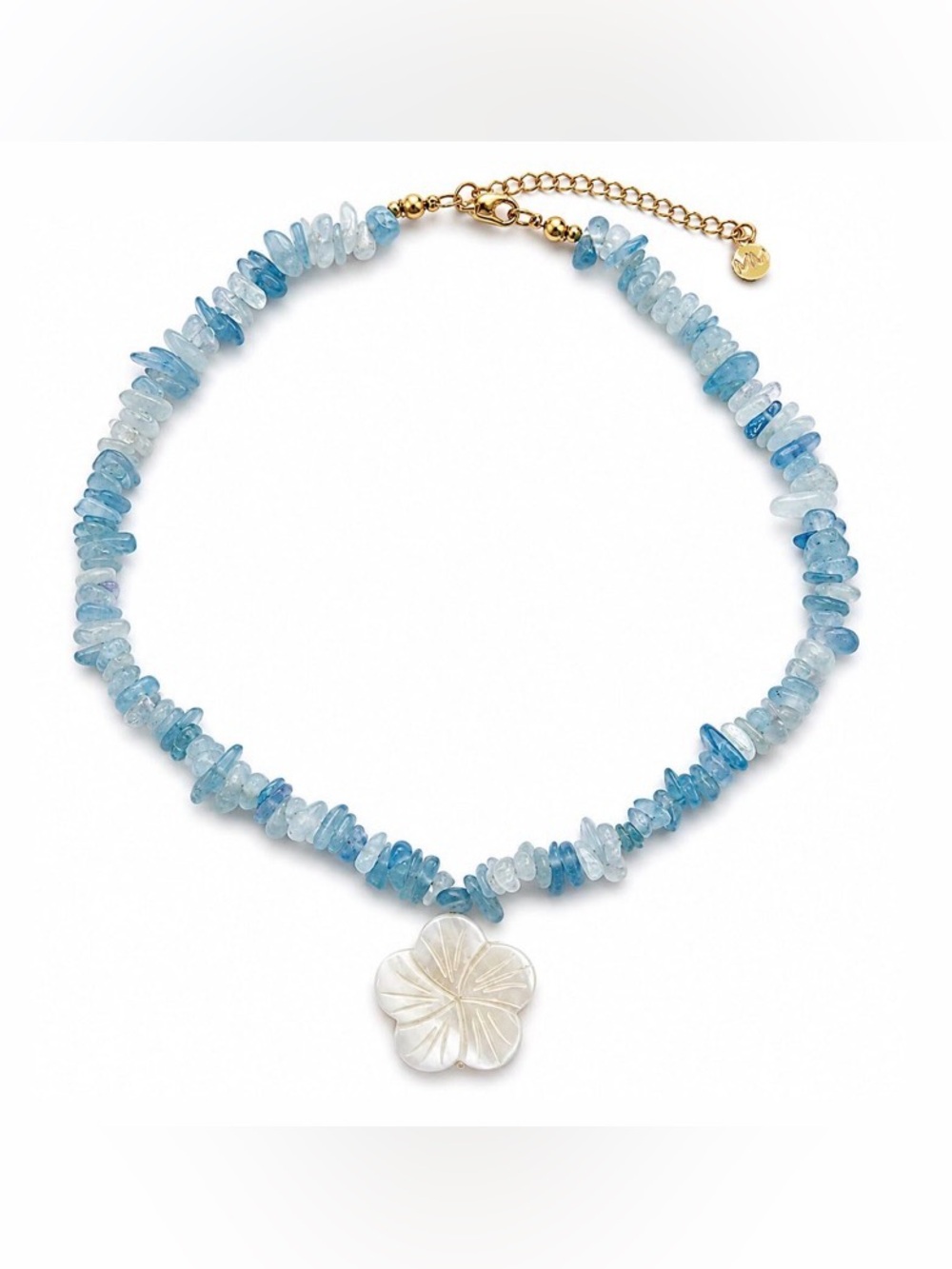 MAYAMAR Blue Aquamarine Chip Necklace with Mother-of-Pearl Flower
Pendant